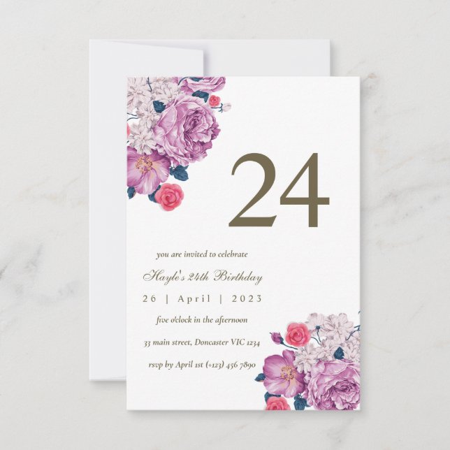 Invitation Fleurs violettes botaniques simple chic 24e annive (Devant)