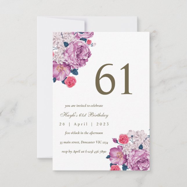 Invitation Fleurs violettes botaniques simple chic 61e annive (Devant)