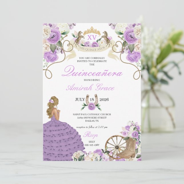 Invitation Fleurs violettes Cow-girl occidentale Quinceañera (Debout devant)