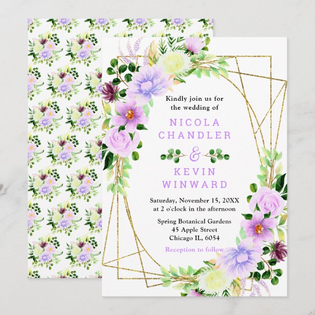 Invitation Fleurs violettes de printemps avec feuillage pour  (Devant / Derrière)