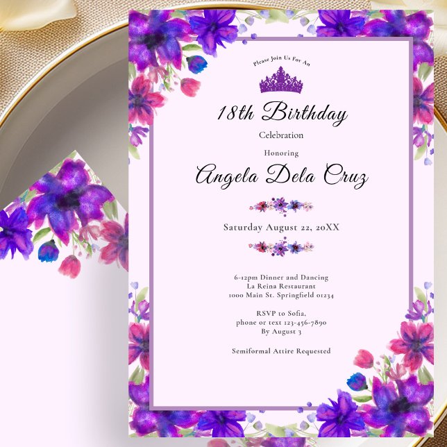 Invitation Fleurs Violettes Début 18e Anniversaire (Créateur téléchargé)