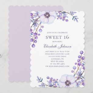 Invitation Fleurs violettes Douces 16. Floral 16e anniversair