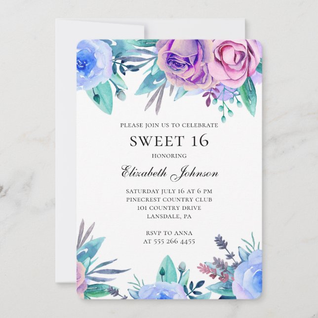 Invitation Fleurs violettes doux 16. Fleur bleue 16e annivers (Devant)