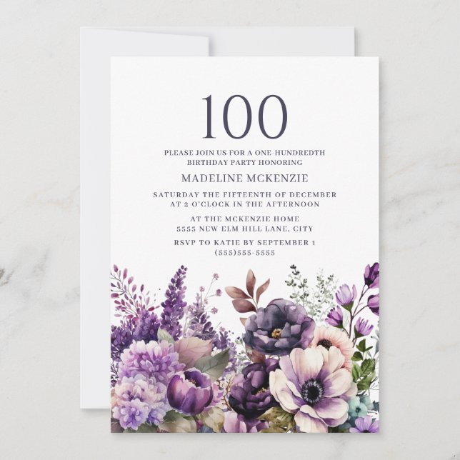 Invitation Fleurs Violettes Élégantes 100e Anniversaire (Devant)