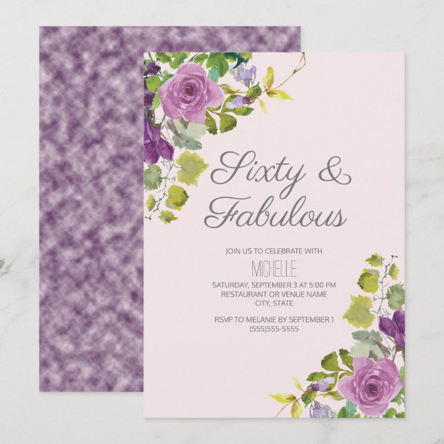 Invitation Fleurs Violettes Élégantes et Vignes Vertes 60ème  (Devant / Derrière)