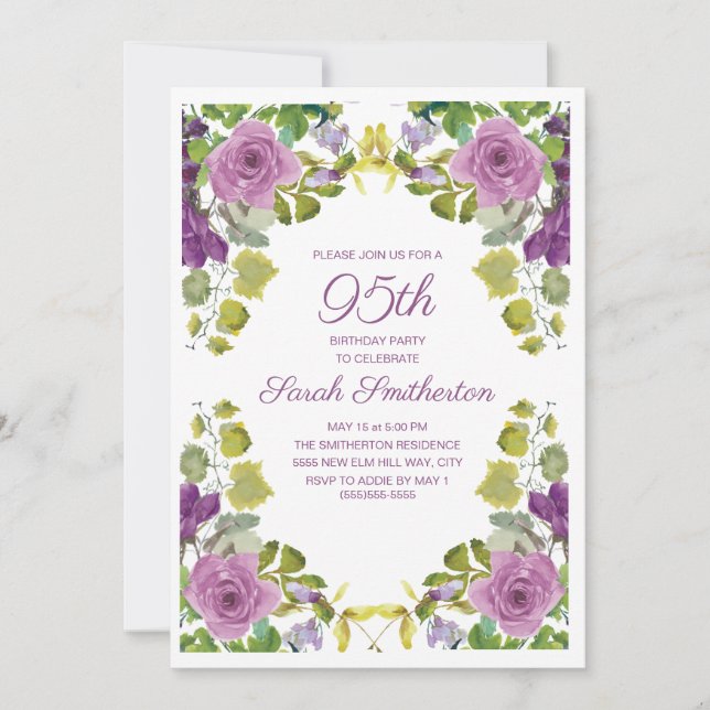 Invitation Fleurs Violettes Élégantes et Vignes Vertes pour 9 (Devant)