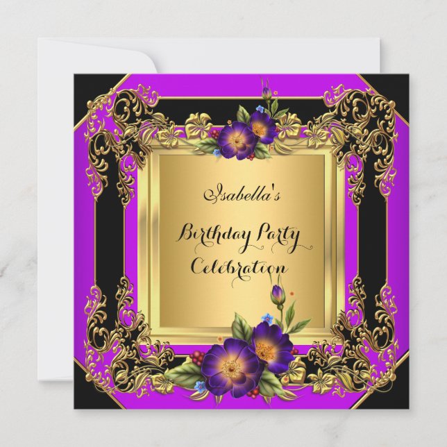 Invitation Fleurs Violettes Élégantes Fête d'Anniversaire Or  (Devant)