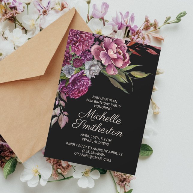 Invitation Fleurs violettes élégantes Fête des 60 ans pour fe (Purple floral 60th birthday party invitation)
