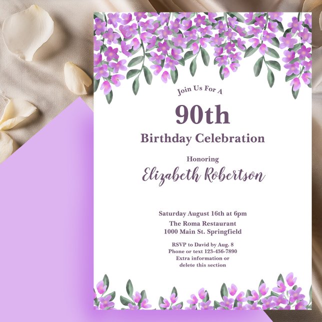 Invitation Fleurs Violettes Élégantes pour les 90 ans d'une F (Créateur téléchargé)