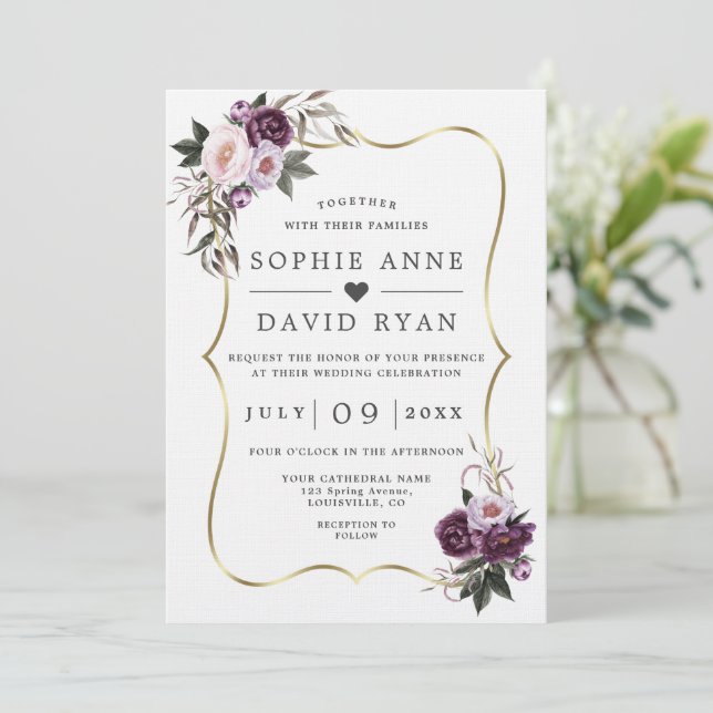 Invitation Fleurs violettes en or tout en un Mariage (Debout devant)