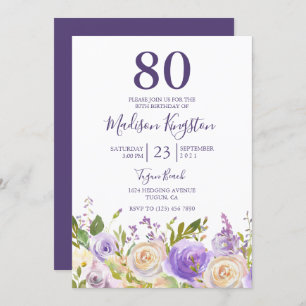 Invitation Fleurs violettes et blanches 80e anniversaire Invi