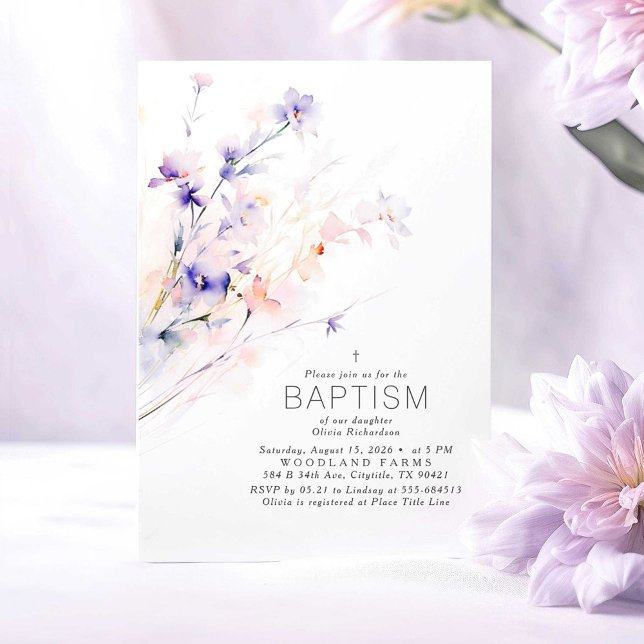 Invitation Fleurs violettes et bleues douces Élégant Baptême (Purple and Pink Baptism Invitations)