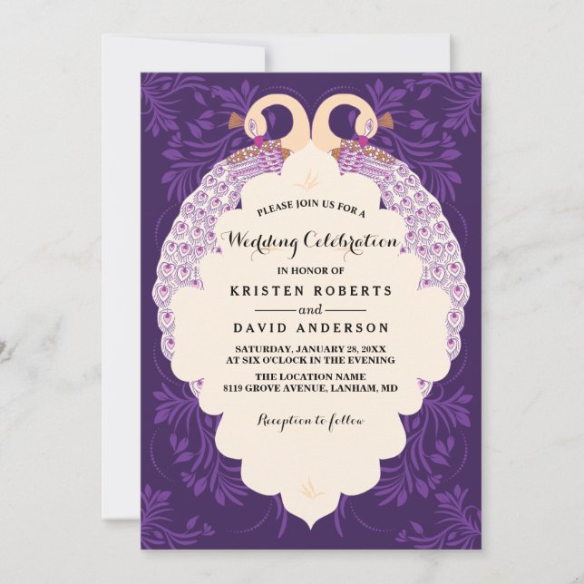 Invitation Fleurs violettes et cadre avec mariage paon (Devant)