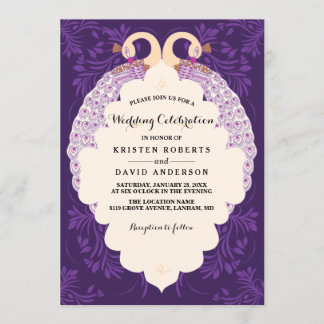 Invitation Fleurs violettes et cadre avec mariage paon