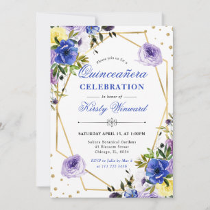 Invitation Fleurs violettes et crème et cadre Quinceanera