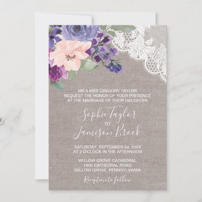 Invitation Fleurs violettes et dentelle Mariage officiel (Devant)