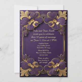 Invitation Fleurs violettes et dorées Cadre doré 50e annivers