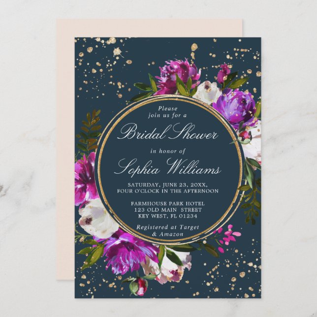 Invitation Fleurs violettes et Fête des mariées bleu marine (Devant / Derrière)