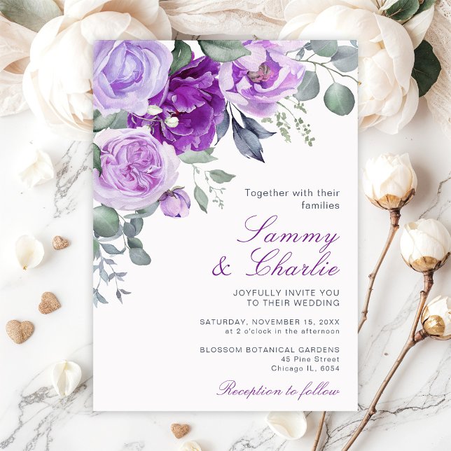 Invitation Fleurs violettes et feuilles d'eucalyptus pour mar (Créateur téléchargé)