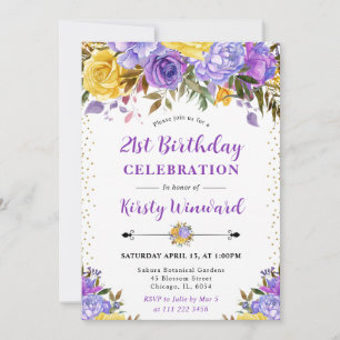 Invitation Fleurs violettes et jaunes à l'aquarelle 21e anniv