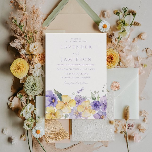 Invitation Fleurs violettes et jaunes Été Printemps Mariage (Créateur téléchargé)
