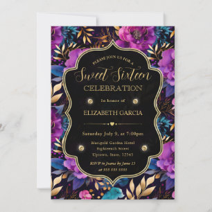 Invitation Fleurs violettes et or aquarelle Sweet 16