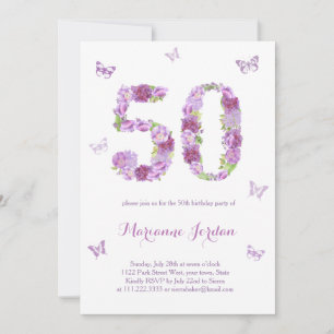Invitation Fleurs violettes et papillons 50e anniversaire fêt