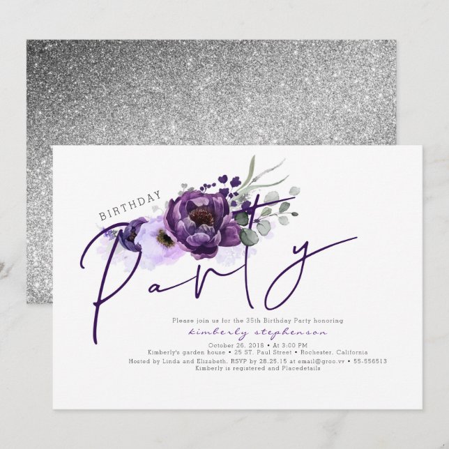 Invitation Fleurs violettes et Parties scintillant d'argent f (Devant / Derrière)