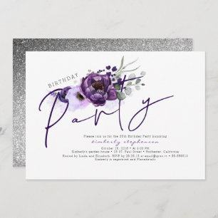 Invitation Fleurs violettes et Parties scintillant d'argent f