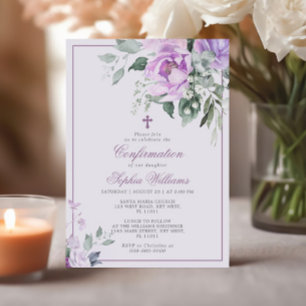 Invitation Fleurs violettes Eucalyptus Confirmation Invitatio