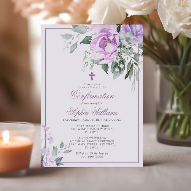 Invitation Fleurs violettes Eucalyptus Confirmation Invitatio (Créateur téléchargé)