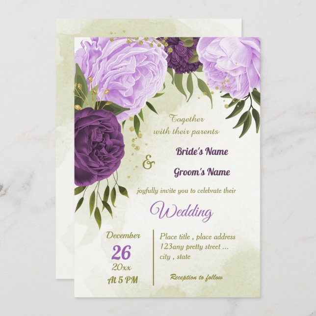 Invitation fleurs violettes feuilles vertes mariage (Devant / Derrière)