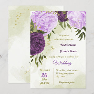 Invitation fleurs violettes feuilles vertes mariage
