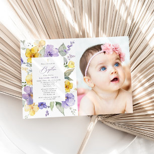 Invitation Fleurs violettes, Fleurs jaunes, Bohème, Baptême