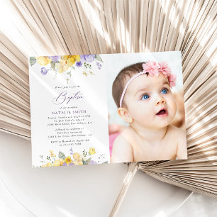 Invitation Fleurs violettes, Fleurs jaunes, Bohème, Baptême