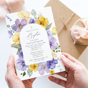 Invitation Fleurs violettes, Fleurs jaunes, Bohème, Baptême