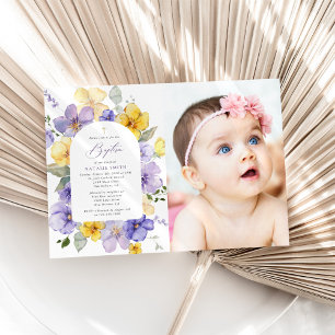 Invitation Fleurs violettes, Fleurs jaunes, Bohème, Baptême