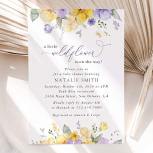 Invitation Fleurs violettes, Fleurs Jaunes, Boho, Baby shower