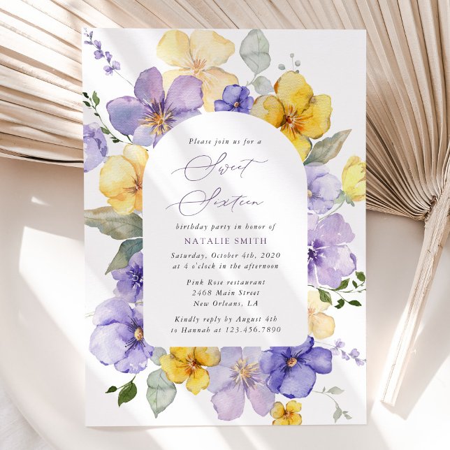 Invitation Fleurs violettes, Fleurs Jaunes, Boho, Sweet 16 (Créateur téléchargé)