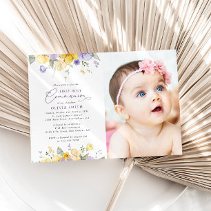 Invitation Fleurs violettes, Fleurs jaunes, Première Communio