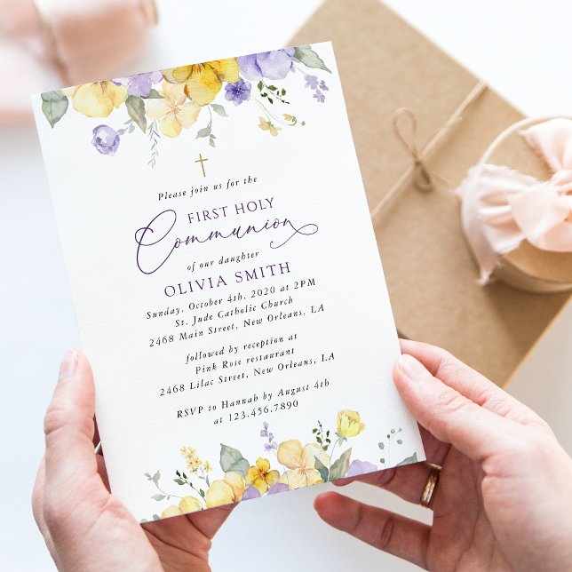 Invitation Fleurs violettes, Fleurs jaunes, Première Communio (Créateur téléchargé)