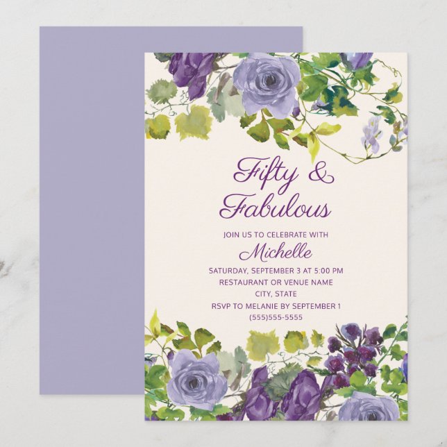 Invitation Fleurs violettes florales Feuilles vertes 50 Joyeu (Devant / Derrière)