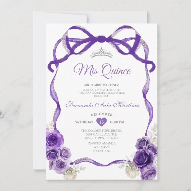 Invitation Fleurs violettes foncées Bow Ribbon Argent Mis Qui (Devant)