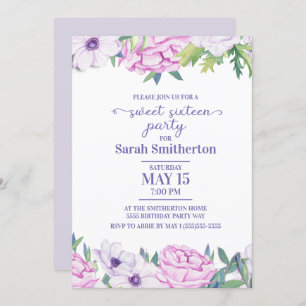 Invitation Fleurs violettes Lilac Sweet sixteen fête d'annive