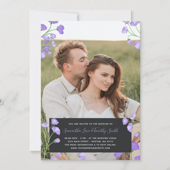 Invitation Fleurs violettes Mariage photo personnalisé (Devant)