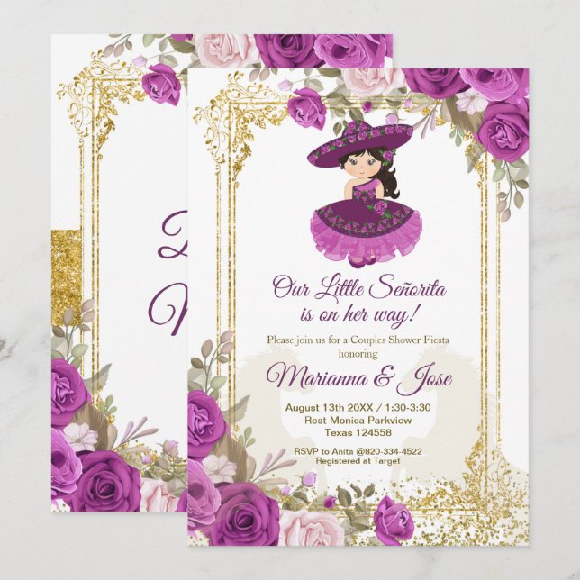 Invitation Fleurs violettes Mexicaine Fiesta Couple Douche (Devant / Derrière)