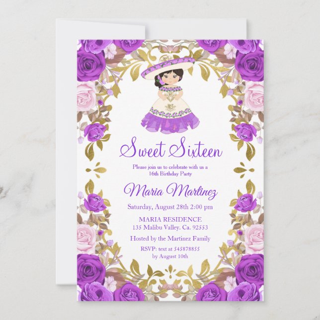 Invitation Fleurs violettes mexicaines Douces 16 Anniversaire (Devant)