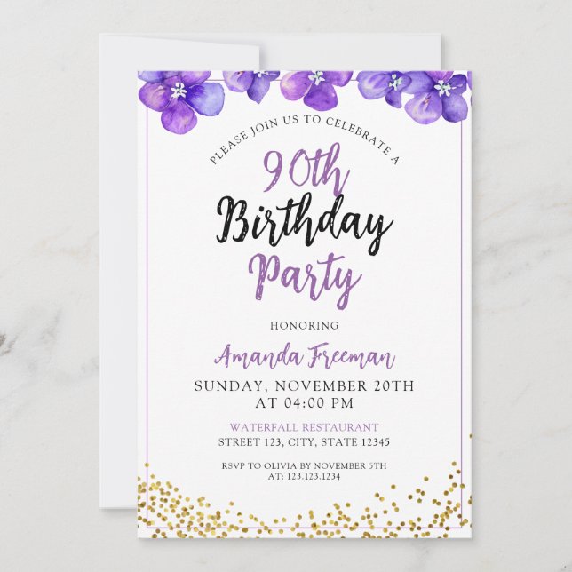 Invitation Fleurs violettes minimales 90e anniversaire (Devant)