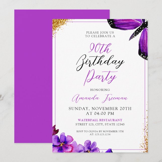 Invitation Fleurs violettes modernes 90e anniversaire (Devant / Derrière)