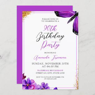 Invitation Fleurs violettes modernes 90e anniversaire